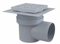 ALCA APV10 Podlahová vpust 150×150/110 mm, boční, mřížka šedá, límec 2. úrovně izolace, vodní zápachová uzávěra