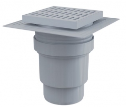 ALCA APV11 Podlahová vpust 150×150/110 mm, přímá, mřížka šedá, límec 2. úrovně izolace, vodní zápachová uzávěra