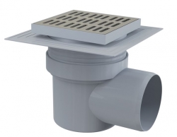 ALCA APV12 Podlahová vpust 150×150/110 mm, boční, mřížka nerez, límec 2. úrovně izolace, vodní zápachová uzávěra