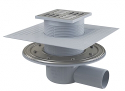 ALCA APV1324 Podlahová vpust 105×105/50 mm boční, mřížka nerez, nerezová příruba a límec 2. úrovně izolace, zápachová uzávěra SMART