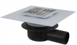 ALCA APV26C Podlahová vpust 105×105/50 mm, boční, mřížka nerez, límec 2. úrovně izolace, suchá zápachová uzávěra