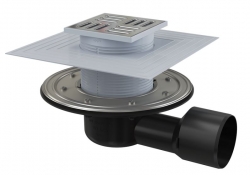ALCA APV3344 Podlahová vpust 105×105/50/75 mm, boční, mřížka nerez, nerezová příruba a límec 2. úrovně izolace, vodní a suchá zápachová uzávěra