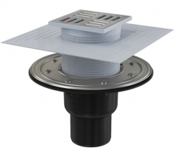 ALCA APV4344 Podlahová vpust 105×105/50/75 mm, přímá, mřížka nerez, nerezová příruba a límec, 2. úrovně izolace, vodní a suchá zápachová uzávěra