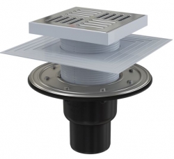 ALCA APV4444 Podlahová vpust 150×150/50/75 mm přímá, mřížka nerez, nerezová příruba a límec 2. úrovně izolace, vodní a suchá zápachová uzávěra