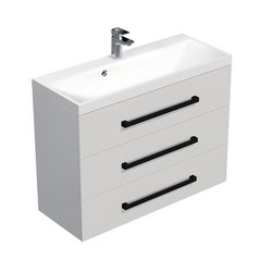 Náhled obrázku: Koupelnová skříňka s černou úchytkou a umyvadlem SAT Cube Way 100x76,5x40 cm bílá lesk lesk/mat CUBE2C1003BL 