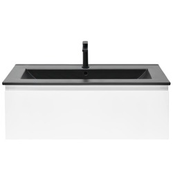 Náhled obrázku:  Skříňka s černým umyvadlem a baterií 1x zásuvka dub matný