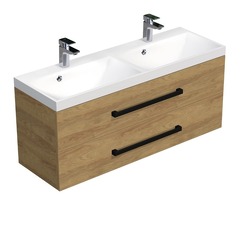 Skříňka s černou úchytkou a dvojumyvadlem SAT Cube Way 120x47,5x40 cm dub Hickory mat CUBE2C120ZDH