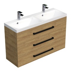 Náhled obrázku: Skříňka s černou úchytkou a dvojumyvadlem SAT Cube Way 120x76,5x40 cm dub Hickory mat CUBE2C1203DH 