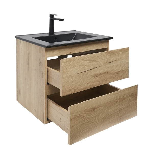 Doplňující obrázek k produktu Skříňka s černým umyvadlem a baterií 2 zásuvky dub matný