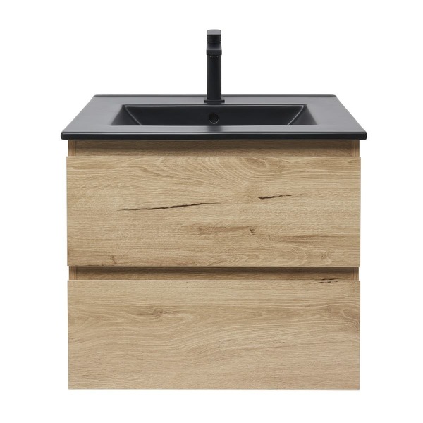 Doplňující obrázek k produktu Skříňka s černým umyvadlem a baterií 2 zásuvky dub matný