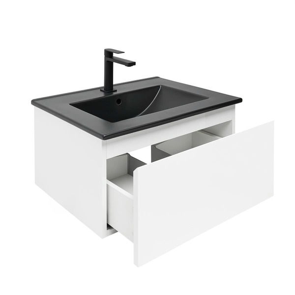 Doplňující obrázek k produktu Skříňka s černým umyvadlem a baterií 1x zásuvka dub matný